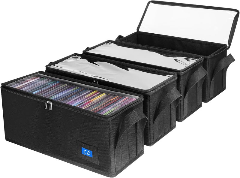 BOATISLE CD Case Holder with Handles and Clear Lid, 4-Pack Black – CD Storage Box with Label Slots, Portable Organizer for Media Collection and Efficient Storage - Image 1